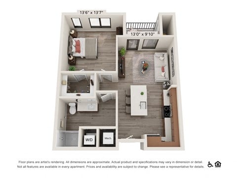 Floor plan for 1 bed, 1 bath, 638 sqft